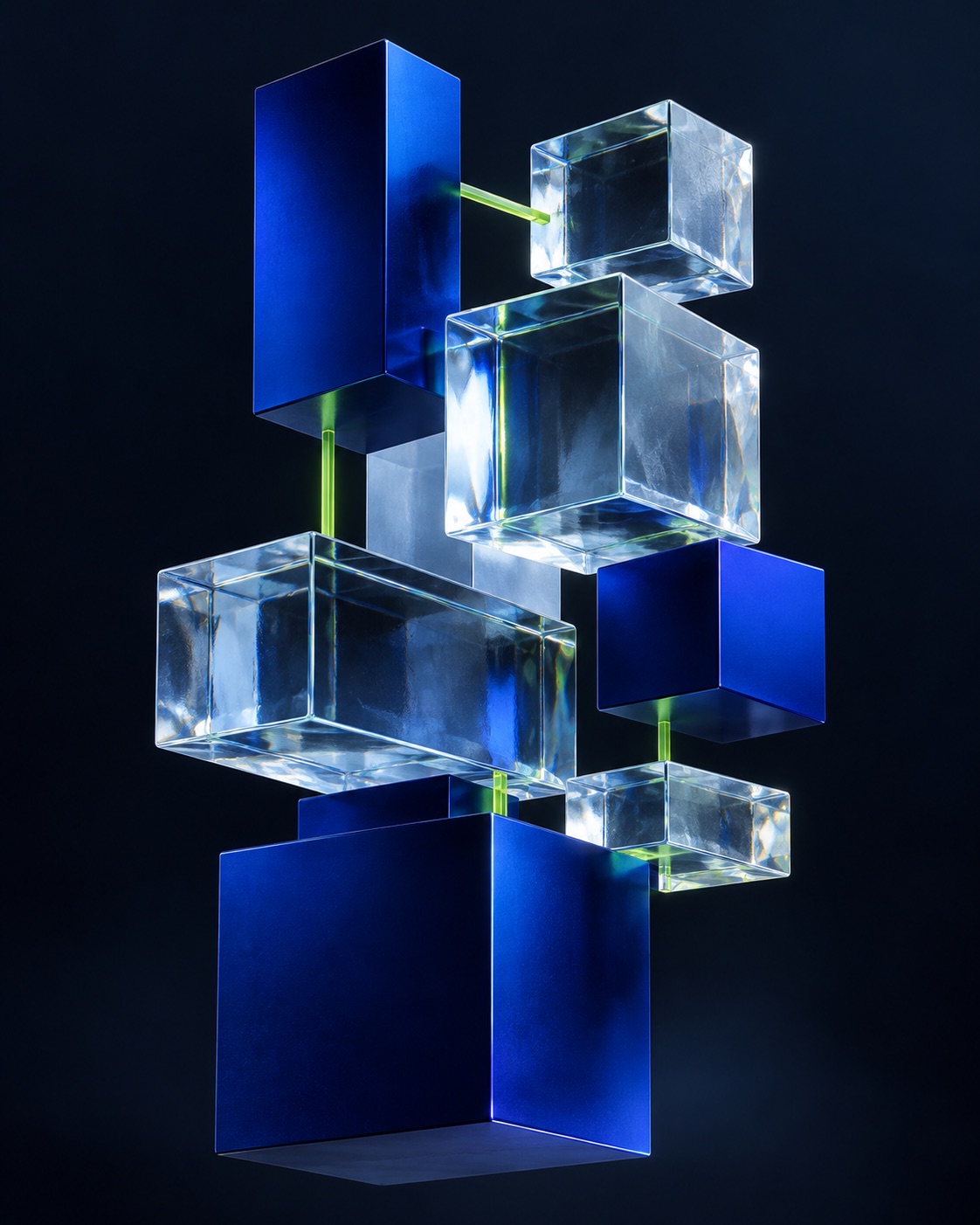 Cobalt and glass architectural modules linked by lime connections